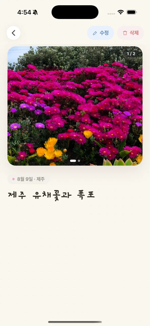 핀을 누르면 편지처럼 펼쳐지는 일기 상세 화면